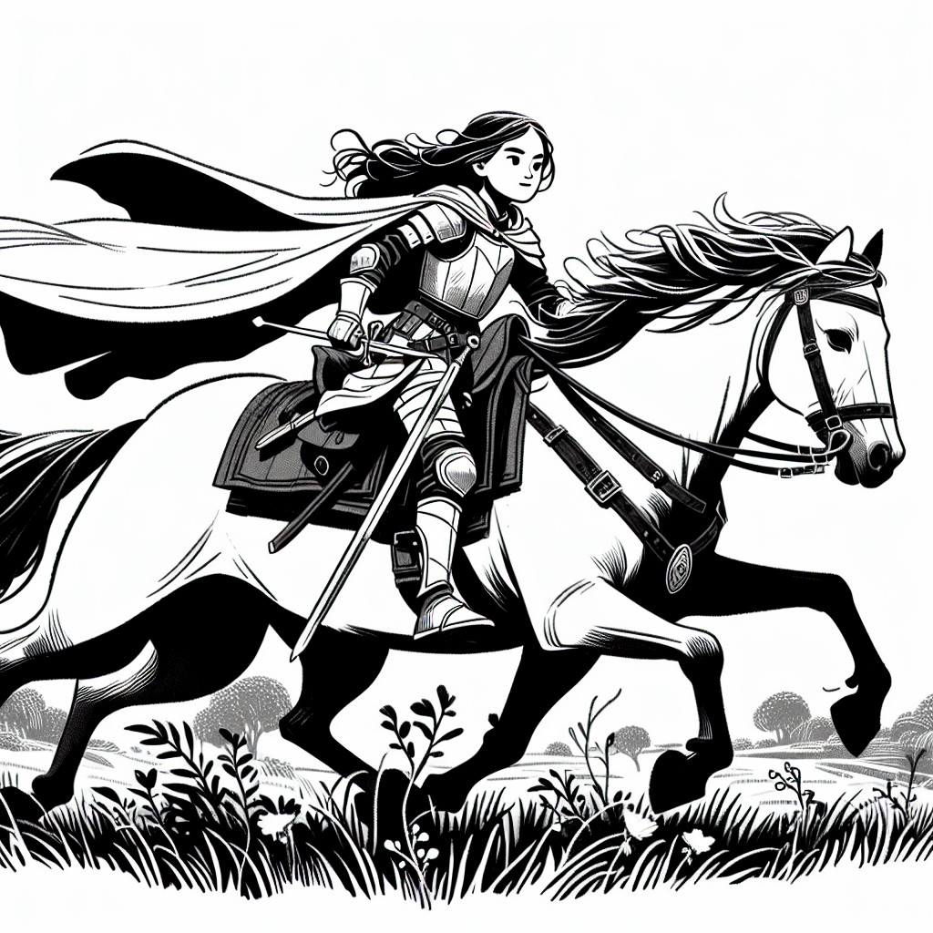 Page à colorier d'une fille Quarter Horse montant à cheval, princesse guerrière de fantaisie galopant à travers une prairie