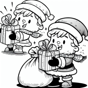 Coloring page of a Santa Claus, gift giver opening presents