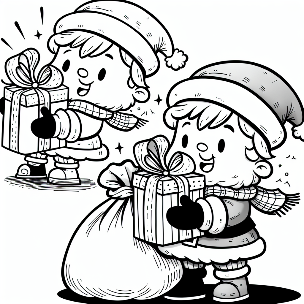 Coloring page of a Santa Claus, gift giver opening presents