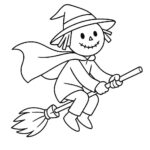 Page à colorier d&rsquo;un épouvantail, porteur de costume volant sur un balai