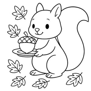 Coloring page of a squirrel with acorn, harvest helper serving food