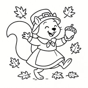 Coloring page of a squirrel with acorn, thanksgiving dinner guest dancing in autumn leaves