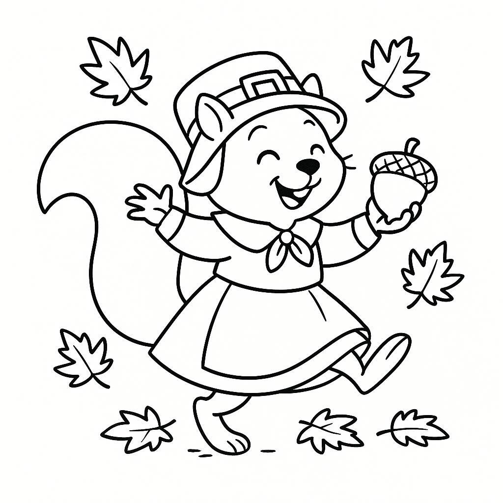 Coloring page of a squirrel with acorn, thanksgiving dinner guest dancing in autumn leaves