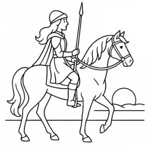 Coloring page of a Thoroughbred girl riding a horse, medieval knightess riding at sunset