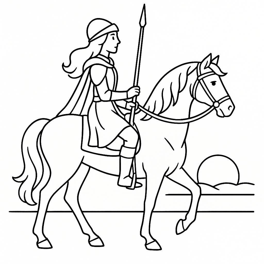 Coloring page of a Thoroughbred girl riding a horse, medieval knightess riding at sunset