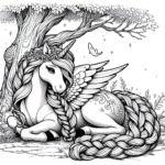 Coloring page of a unicorn, magical being lying under a tree