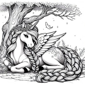 Coloring page of a unicorn, magical being lying under a tree