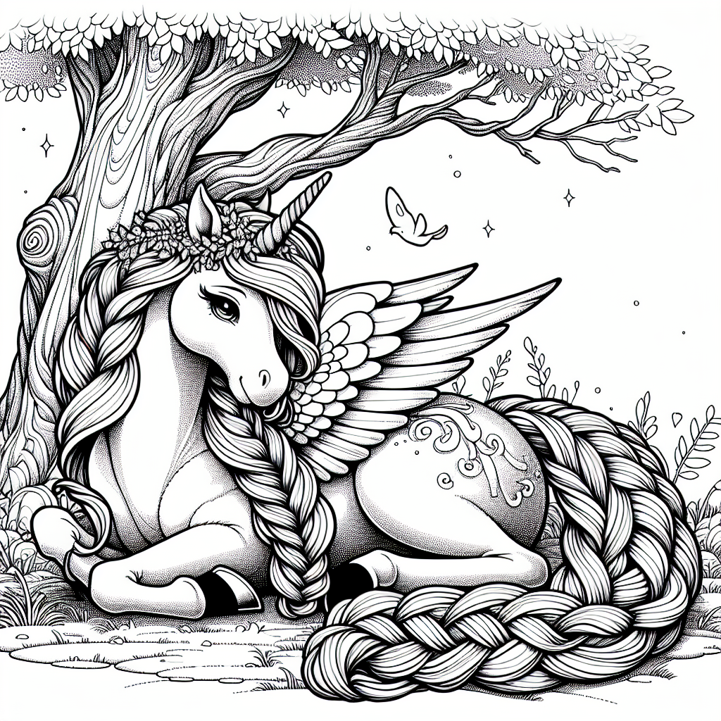 Coloring page of a unicorn, magical being lying under a tree