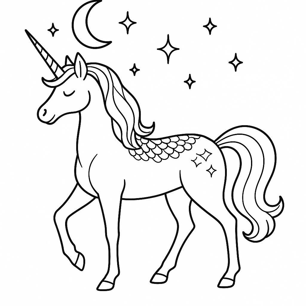 Coloring page of a unicorn, moonlight wanderer sparkling in the sunlight