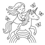 Page à colorier d&rsquo;une licorne, cavalier arc-en-ciel jouant avec des papillons