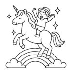 Page à colorier d’une licorne, cavalier de l’arc-en-ciel se cabrant majestueusement