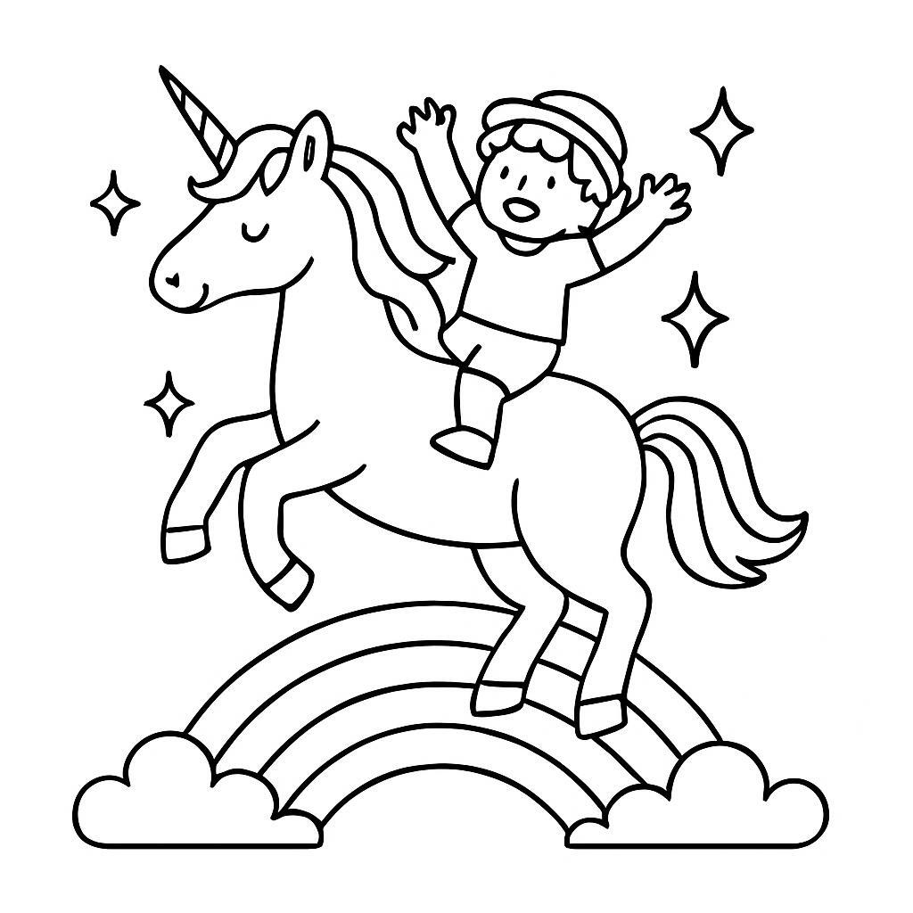 Coloring page of a unicorn, rainbow rider rearing majestically