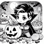 Page à colorier d&rsquo;un enfant vampire, porteur de costume sculptant une citrouille d&rsquo;Halloween