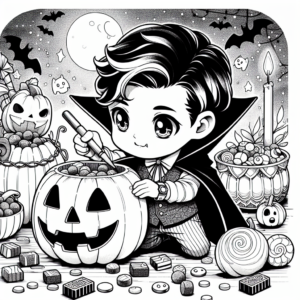 Coloring page of a vampire kid, costume wearer carving a jack-o-lantern