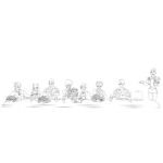 kpop demon hunter - Saja Boys (Jinu, Abby, Baby, Mystery, Romance) et Huntrix (Rumi, Mira, Zoey) - coloring page