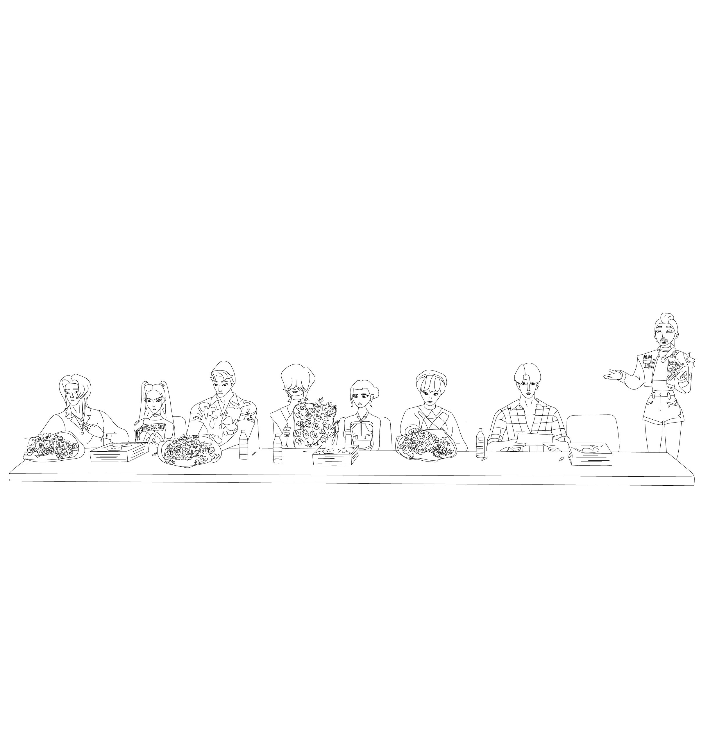 kpop demon hunter - Saja Boys (Jinu, Abby, Baby, Mystery, Romance) et Huntrix (Rumi, Mira, Zoey) - coloring page