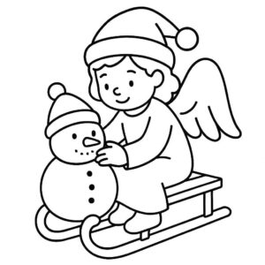 Coloring page of a angel, sleigh rider building a snowman