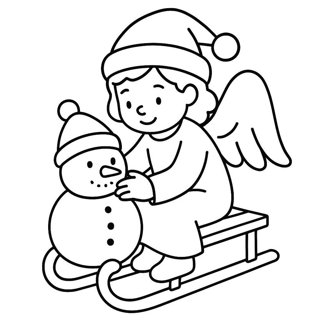 Coloring page of a angel, sleigh rider building a snowman