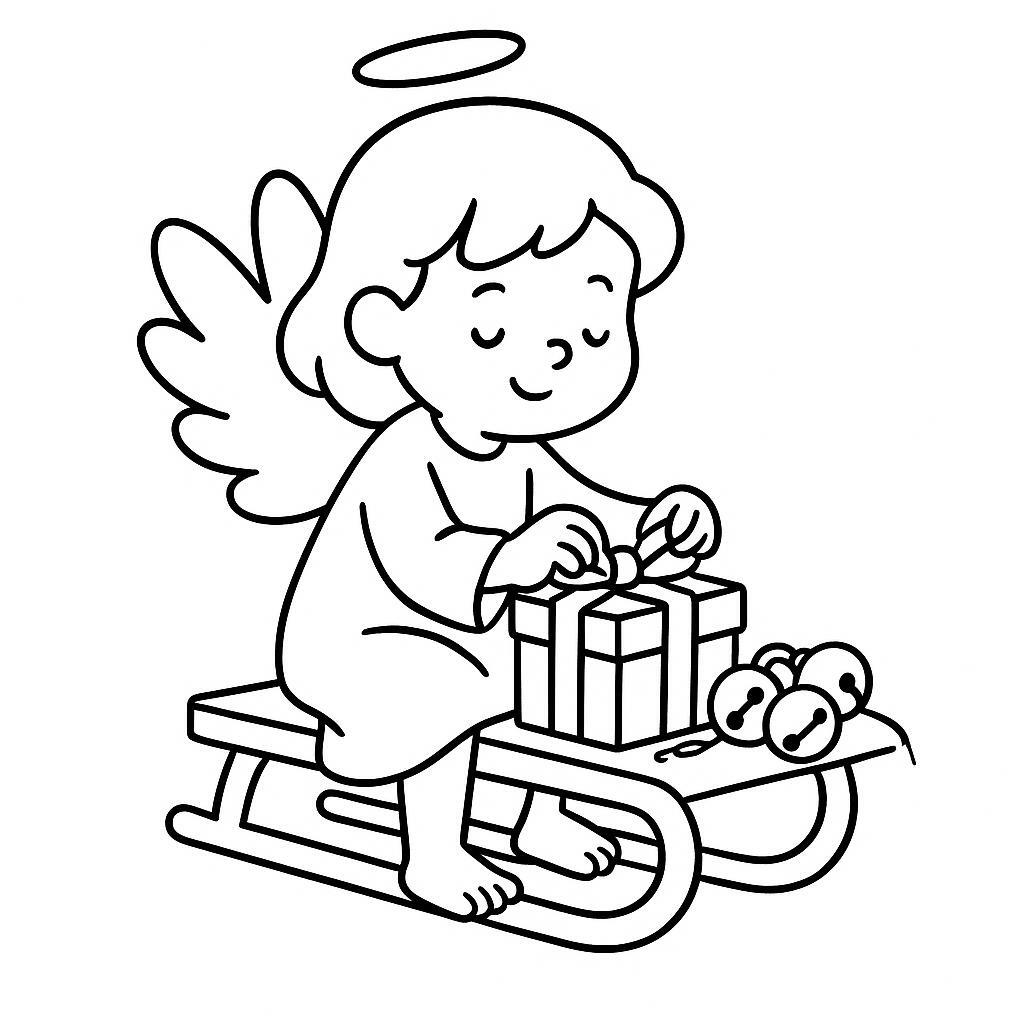 Coloring page of a angel, sleigh rider wrapping gifts