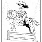 Page à colorier d&rsquo;une cavalière Appaloosa, cowgirl sautant par-dessus une clôture