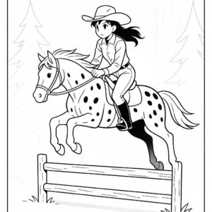 Coloring page of a Appaloosa female rider, cowgirl jumping over a fence