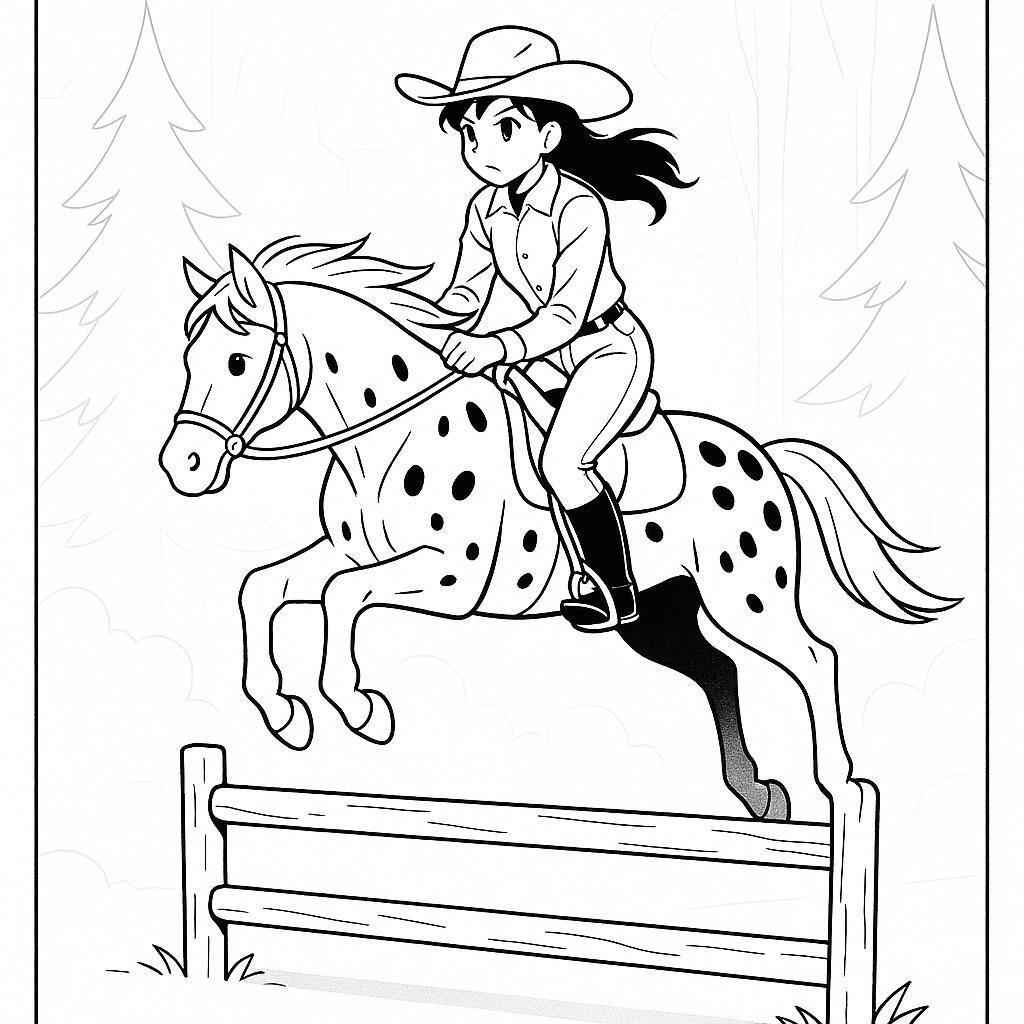 Coloring page of a Appaloosa female rider, cowgirl jumping over a fence