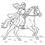 Page à colorier d&rsquo;une fille Appaloosa montant à cheval, chevalière médiévale galopant à travers une prairie