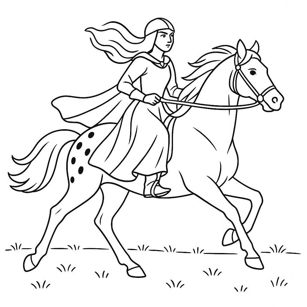 Coloring page of a Appaloosa girl riding a horse, medieval knightess galloping across a meadow