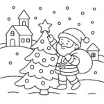 Coloring page of a Christmas tree, holiday helper decorating a tree