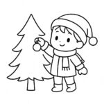 Page à colorier d&rsquo;un sapin de Noël, lanceur de boules de neige décorant un arbre
