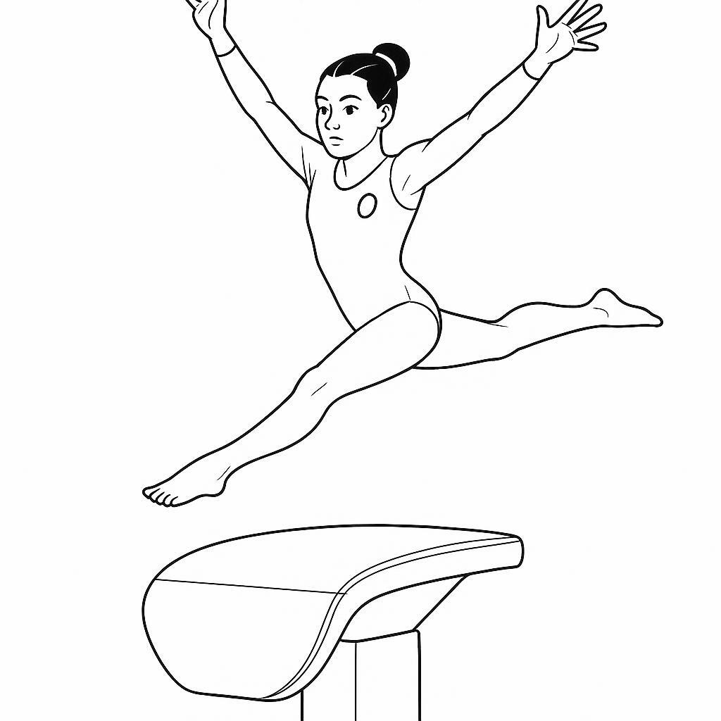 Coloring page of a competitive gymnast, acrobat leaping off a vault