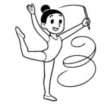 Page à colorier d&rsquo;une gymnaste en compétition, gymnaste artistique faisant tournoyer un ruban