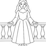 Coloring page of a enchanted princess, kind ruler standing on a balcony