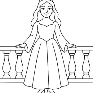 Coloring page of a enchanted princess, kind ruler standing on a balcony
