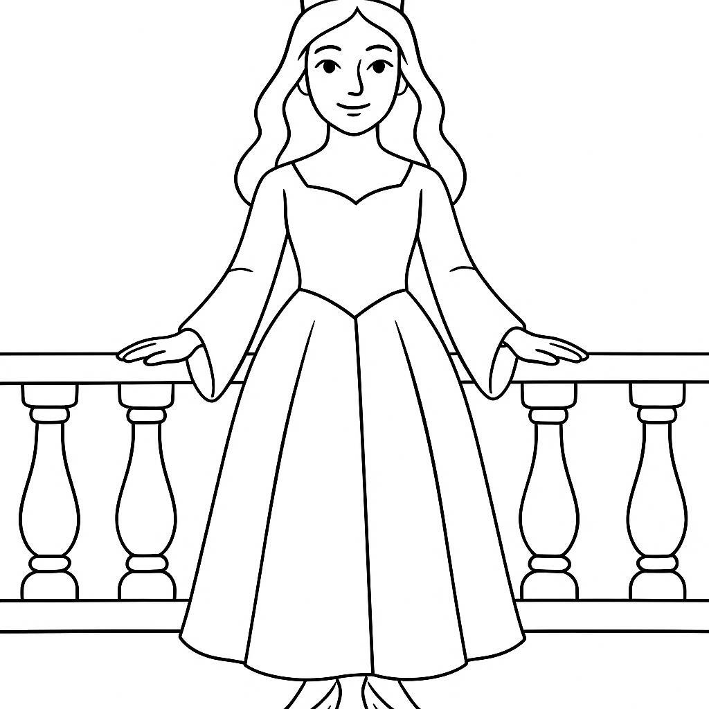 Coloring page of a enchanted princess, kind ruler standing on a balcony