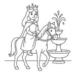 Page à colorier d&rsquo;une princesse enchantée, noble protectrice chevauchant un cheval blanc