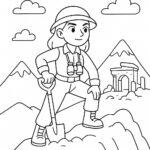 Page à colorier d&rsquo;une héroïne intrépide, exploratrice de grottes creusant près de vieilles ruines