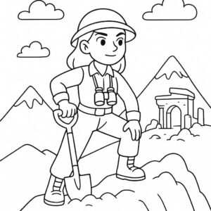 Coloring page of a fearless heroine, cave explorer digging near old ruins