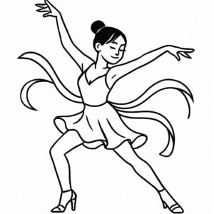 Coloring page of a female dancer, salsa performer striking a dramatic pose