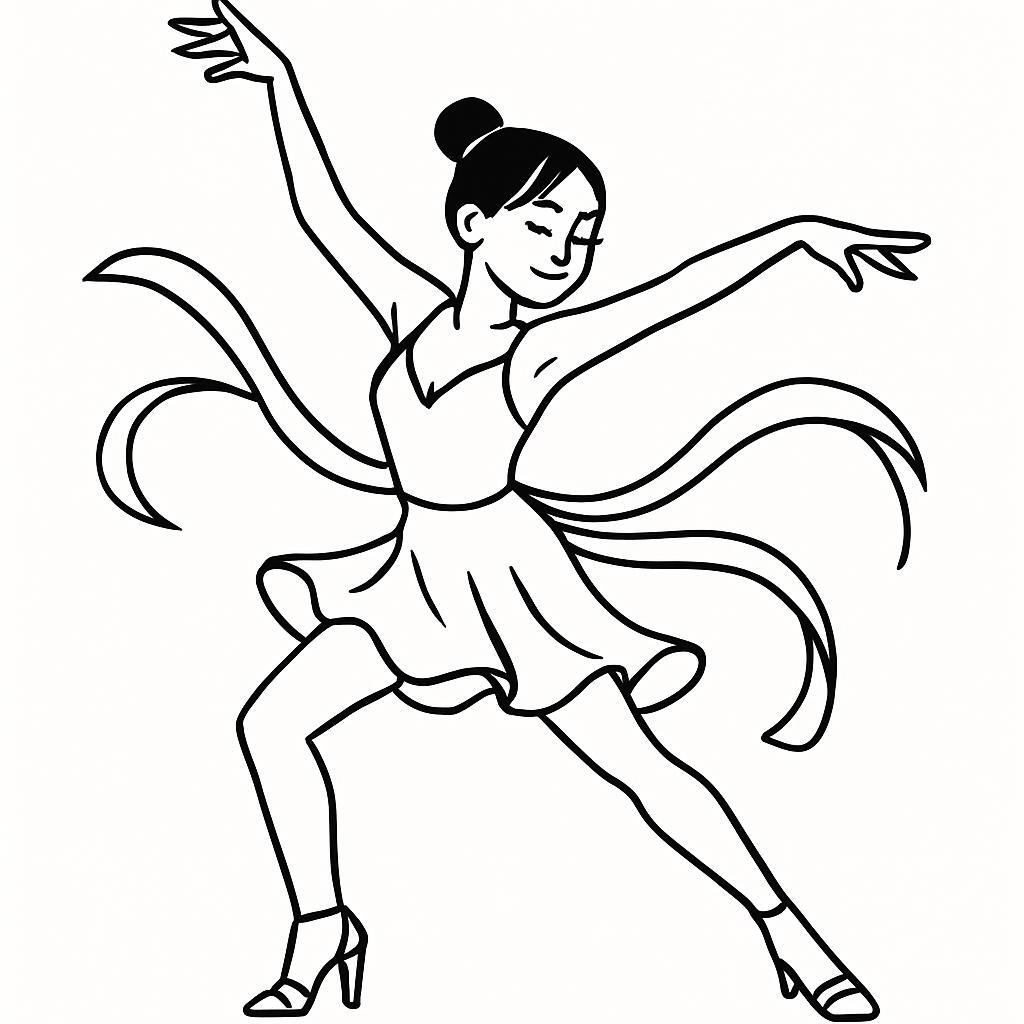 Coloring page of a female dancer, salsa performer striking a dramatic pose
