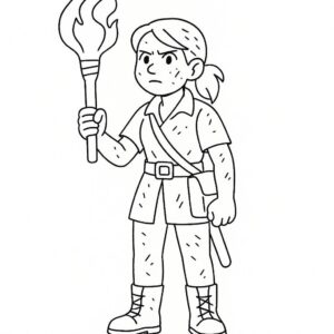 Coloring page of a female wanderer, ruins investigator holding a torch in the dark