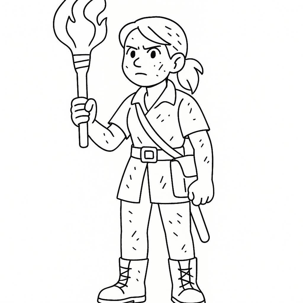 Coloring page of a female wanderer, ruins investigator holding a torch in the dark