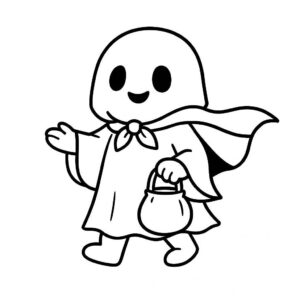 Coloring page of a friendly ghost, costume wearer carrying a candy bag