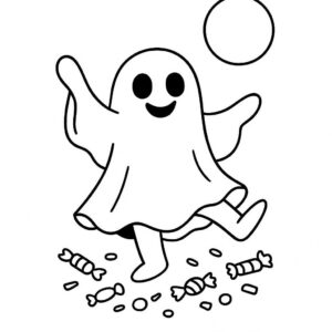 Coloring page of a friendly ghost, costume wearer dancing under the moon