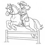 Page à colorier d&rsquo;une jeune femme sur un cheval frison, cowgirl sautant par-dessus une clôture