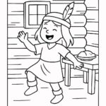 Page à colorier d&rsquo;un fermier de récolte, danseur de festival d&rsquo;automne partageant un repas