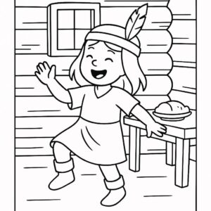 Coloring page of a harvest farmer, fall festival dancer sharing a meal