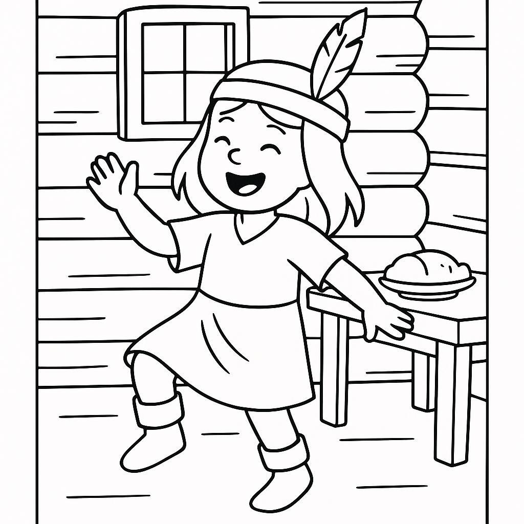 Coloring page of a harvest farmer, fall festival dancer sharing a meal