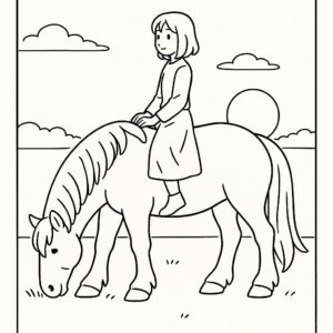 Coloring page of a horse, draft horse grazing peacefully