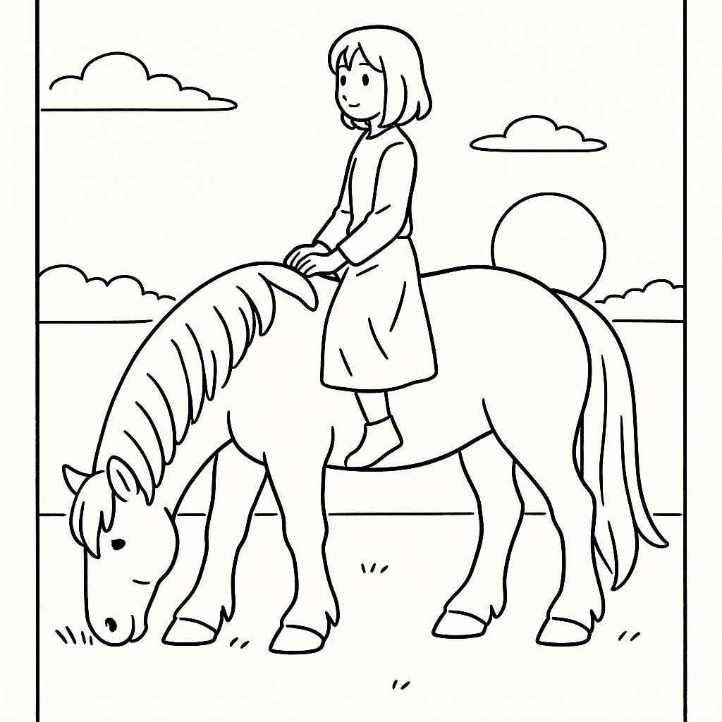 Coloring page of a horse, draft horse grazing peacefully